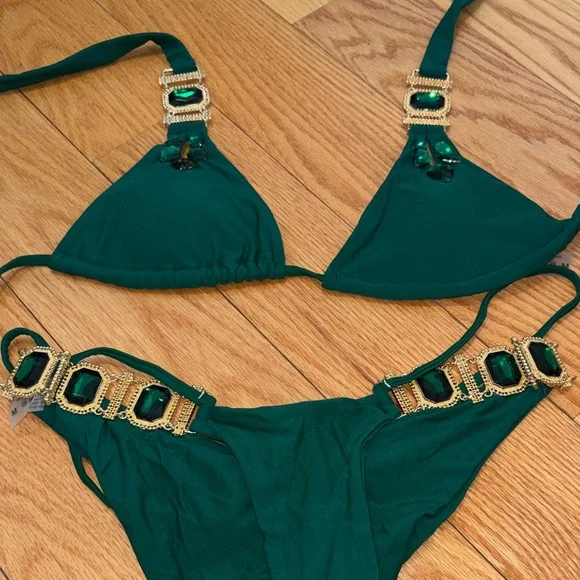 Emerald Green Jeweled Triangle Bikini Set - Picture 6 of 9